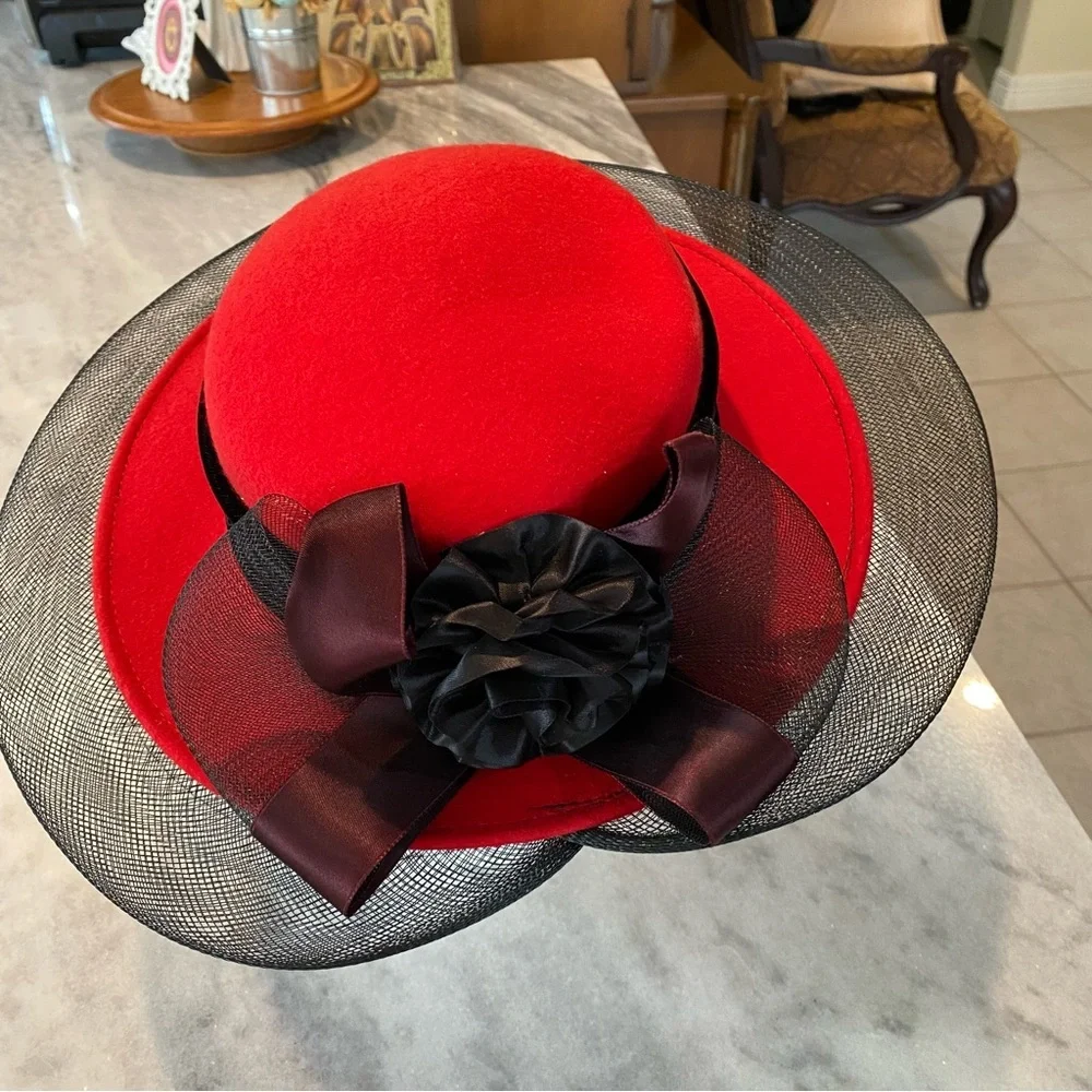 Milan by Charm Floral Mesh Hat Woolen Retro Dress Hat Red Black Mesh Hat